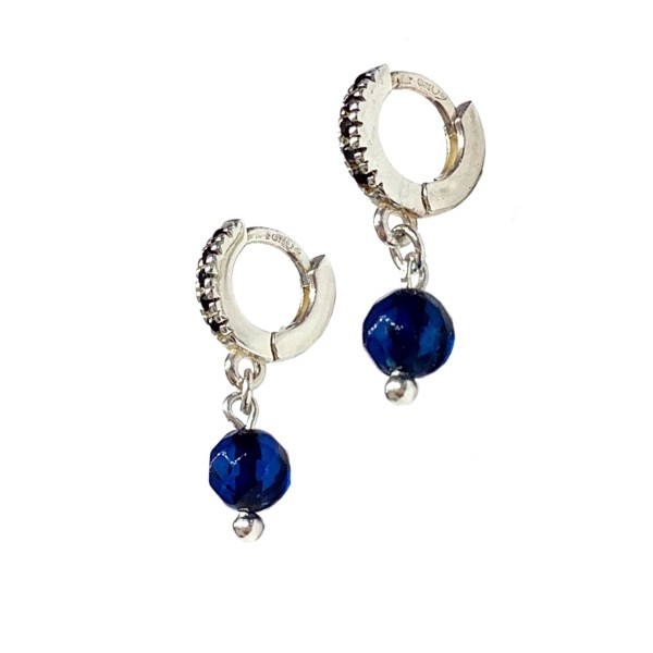  Ohrringe-Kreolen blauer Bernstein Kugeln und schwarzen Zirkonium, St.Silber 925